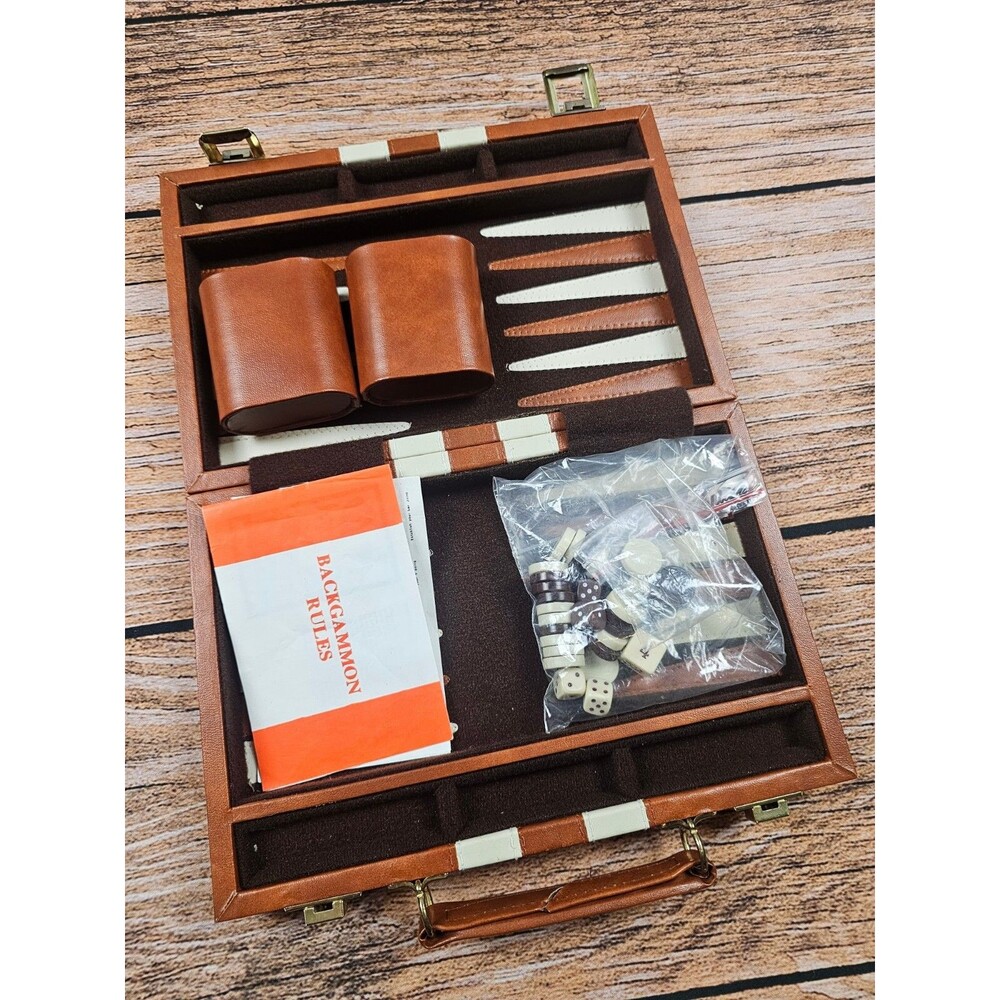 VTG Backgammon Magnetic In Travel Box Brown Leather Brief Case Taiwan Complete